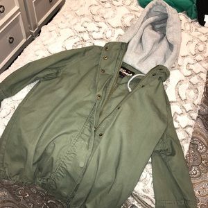 Army green jacket with gray hood