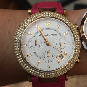 Gold with pink leather MK watch **NEWBATTERY