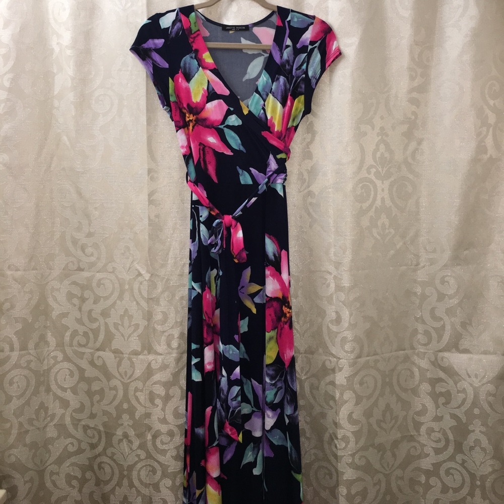 Floral Print Faux Wrap with Tie Full Length Dress