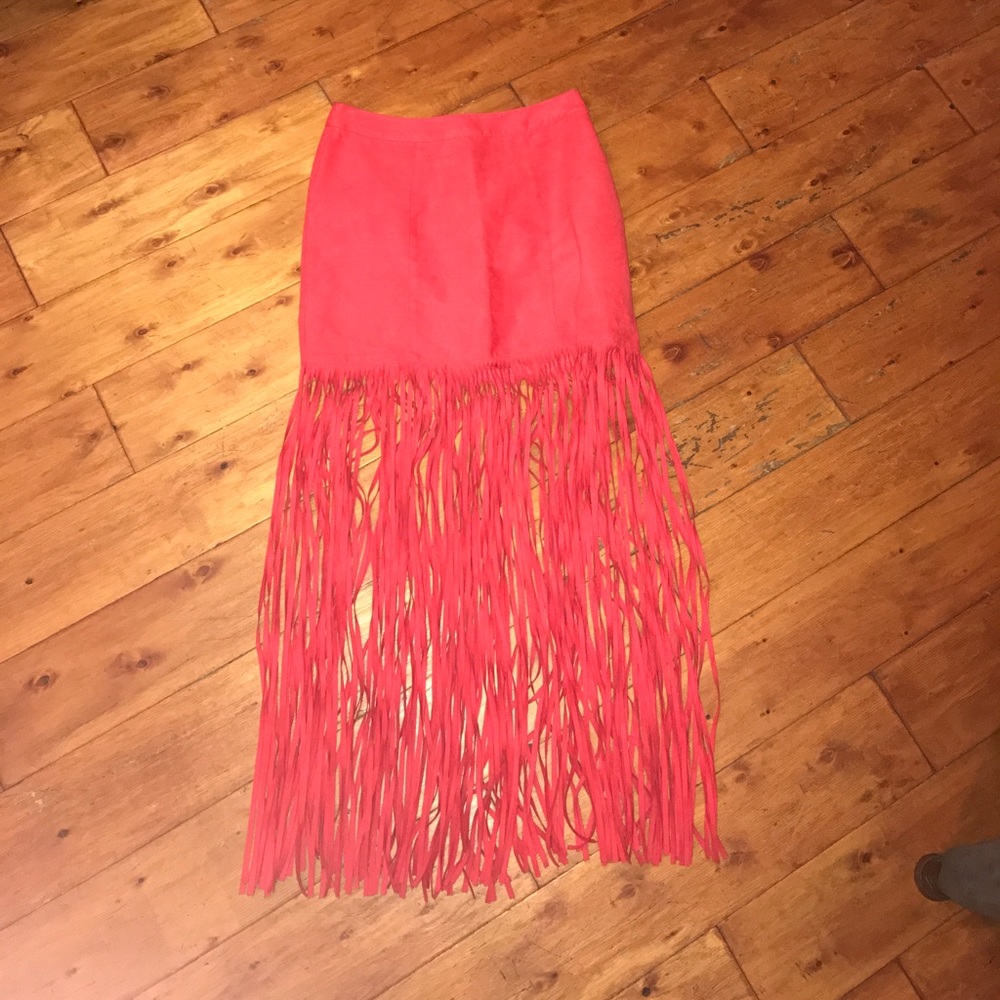 Bright Red Fringe Maxi Skirt
