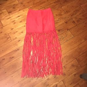 Bright Red Fringe Maxi Skirt