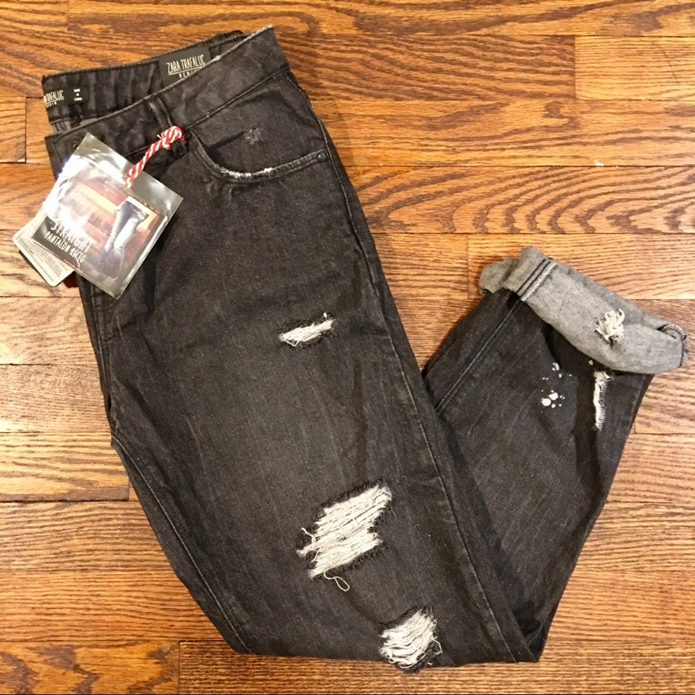 Zara Straight Trafaluc Ripped Denim Jeans Black