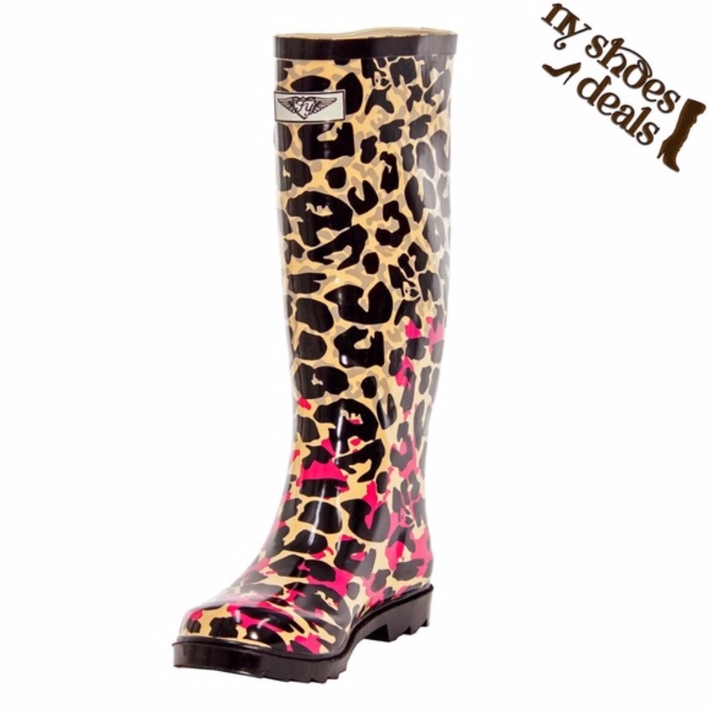 Women's Rubber Rain Boots, Pink Leopard - Picture 1 of 4