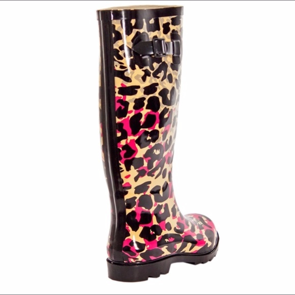 Women's Rubber Rain Boots, Pink Leopard - Picture 3 of 4
