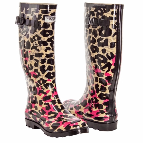 Women's Rubber Rain Boots, Pink Leopard - Picture 2 of 4