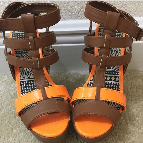 +Brown and neon orange wedges+ - Picture 1 of 2