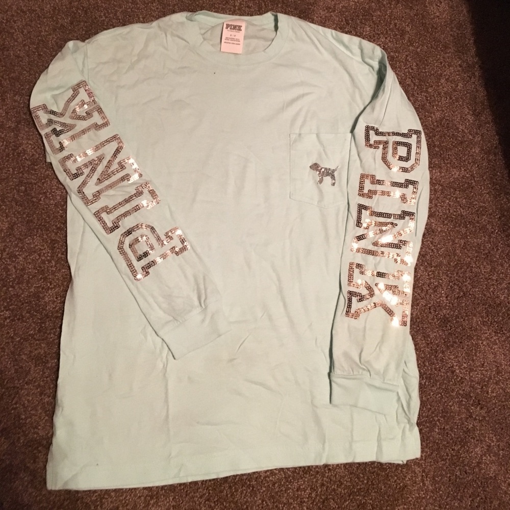 Blue long sleeve bling PINK crew tshirt