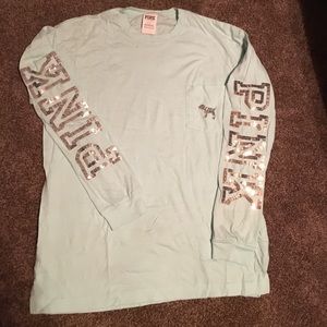 Blue long sleeve bling PINK crew tshirt