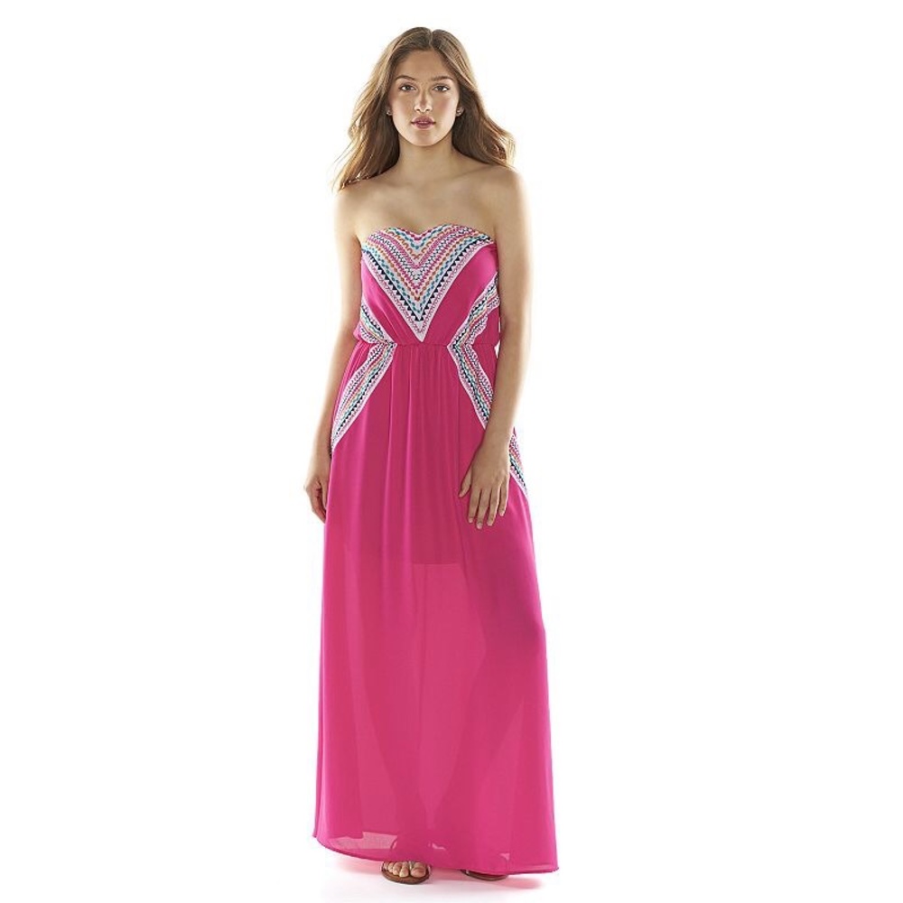 Pink geometric pattern strapless maxi dress
