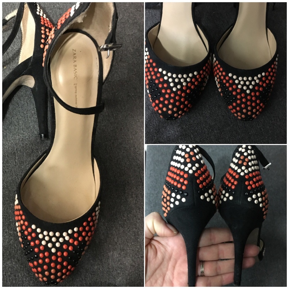 Zara black studded geo pattern heels 38/7.5 EUC