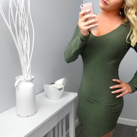 Buttery Soft Olive Green Longsleeve Bodycon Dress - Picture 2 of 2