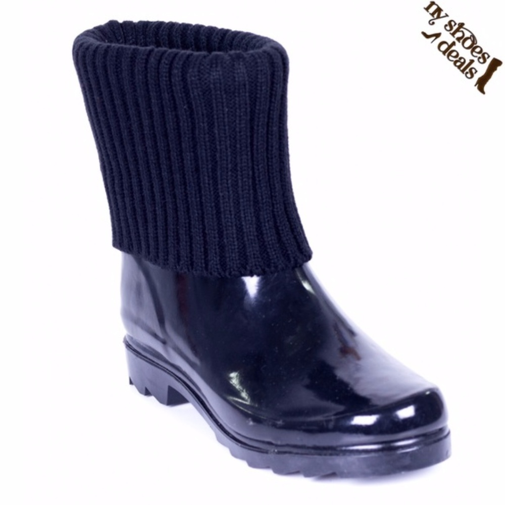 Women 8" Black Sock Cuff Rubber Rain Boots Booties - Picture 1 of 4