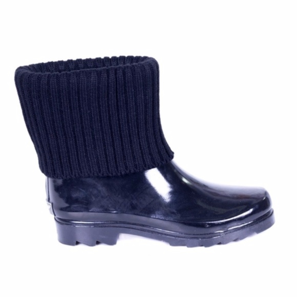 Women 8" Black Sock Cuff Rubber Rain Boots Booties - Picture 2 of 4