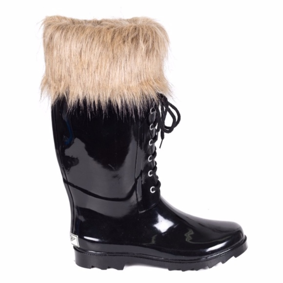 Women's Rubber Rainboots,  Faux Fur Cuff & Laces, Black , NEW! - Picture 3 of 3