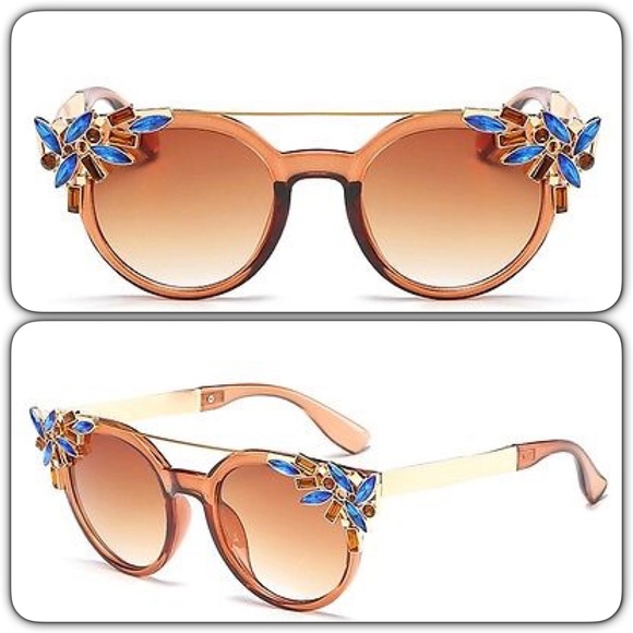 🆕Vintage Overszd Round Sunnies/Crystals+Browbar - Picture 2 of 5