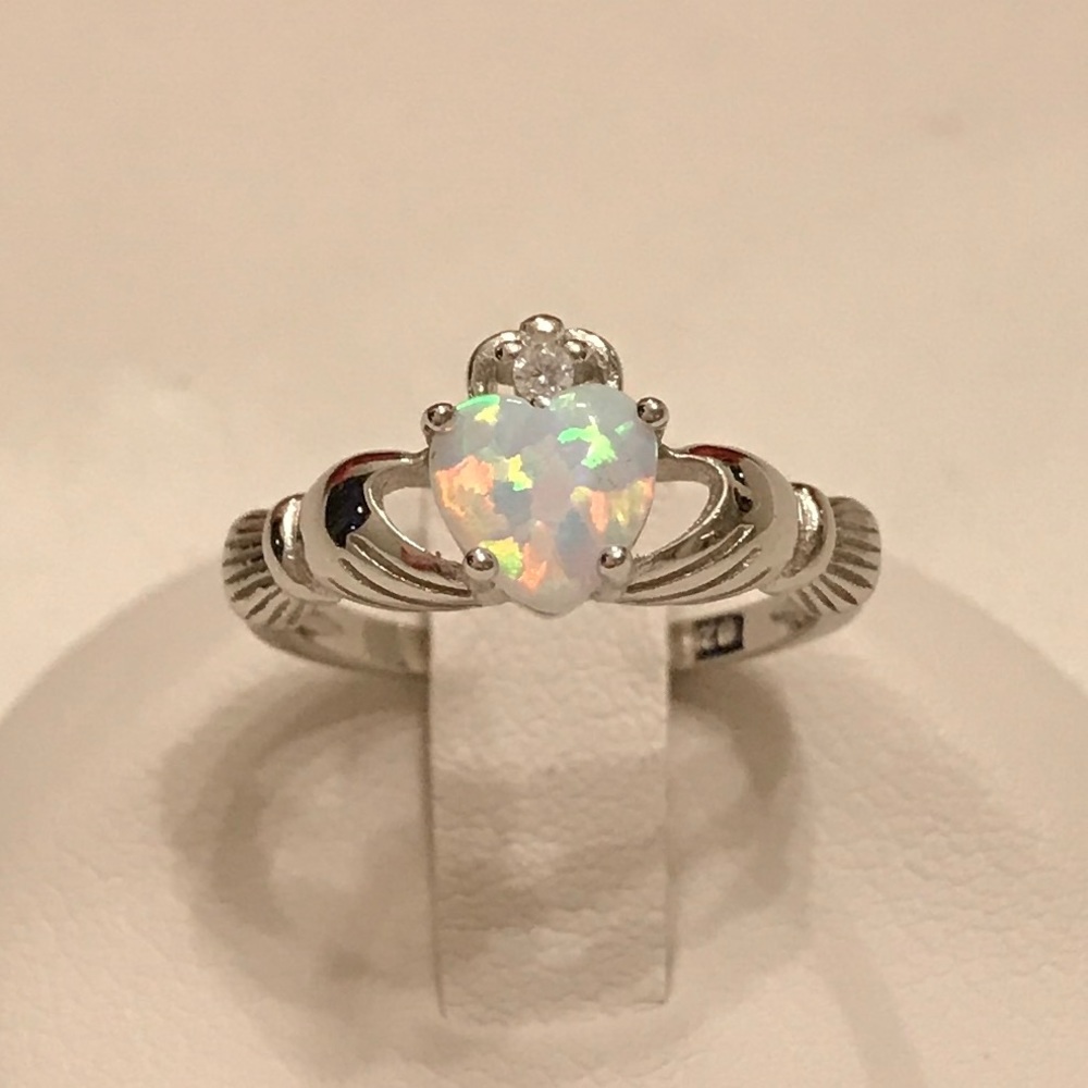 Sterling Silver White Lab Opal Claddagh Ring, Irish Rings, Silver Heart Ring - Picture 5 of 8