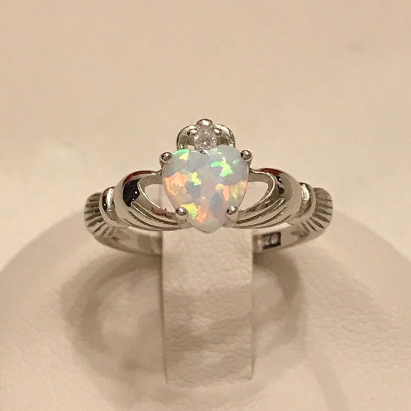 Sterling Silver White Lab Opal Claddagh Ring, Irish Rings, Silver Heart Ring - Picture 5 of 8