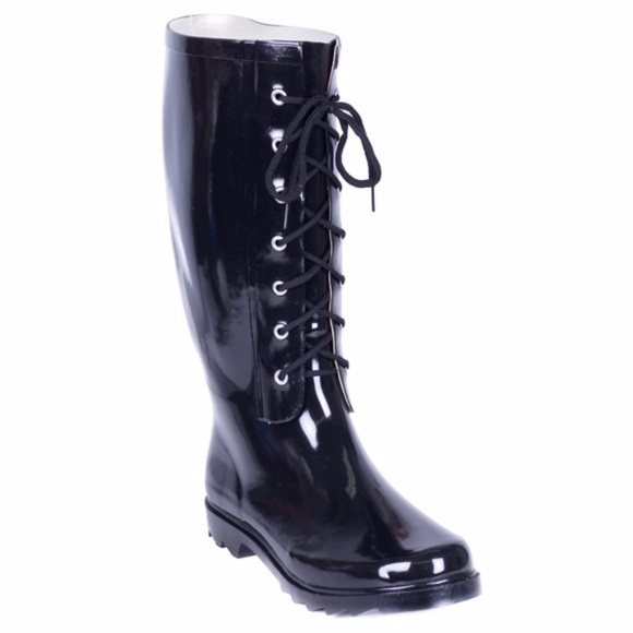 Women's Black Rubber Rain Boots With Laces RB1806 - Picture 4 of 4
