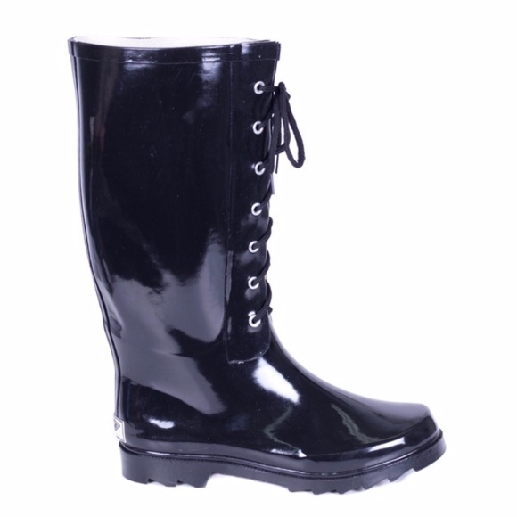 Women's Black Rubber Rain Boots With Laces RB1806 - Picture 3 of 4