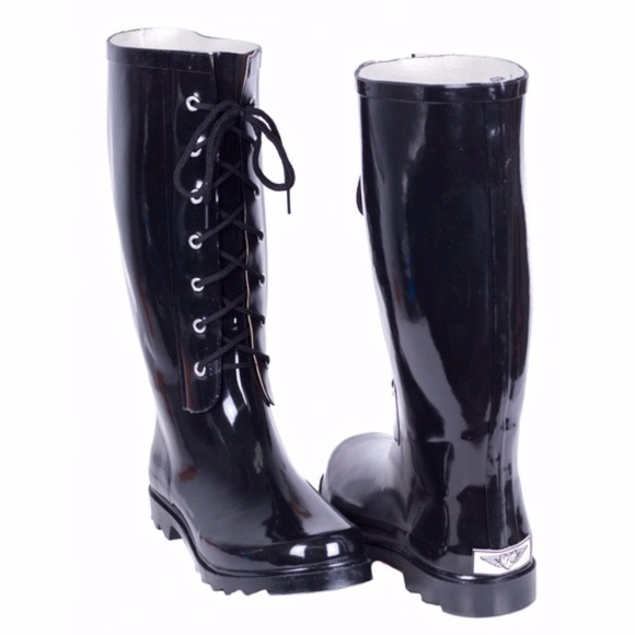 Women's Black Rubber Rain Boots With Laces RB1806 - Picture 2 of 4