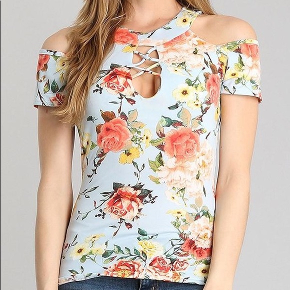 Mint Blue Floral Print Top - Picture 5 of 6