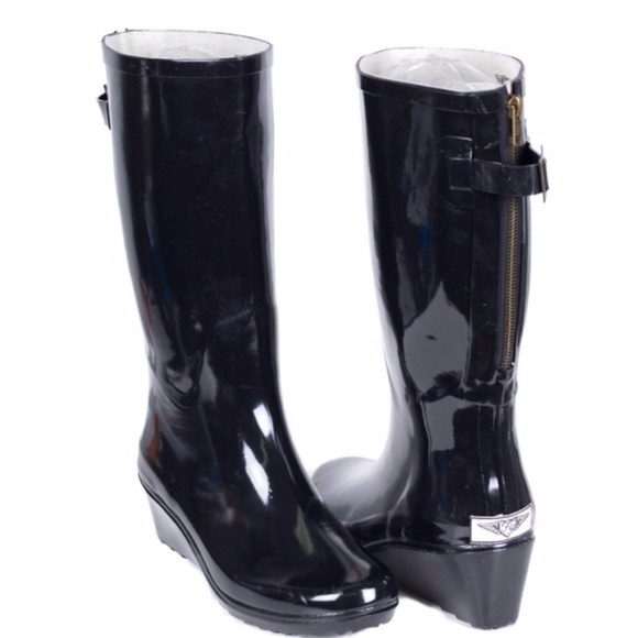 Women's Black Wedge Rubber Rain Boots Wellies - Picture 2 of 4