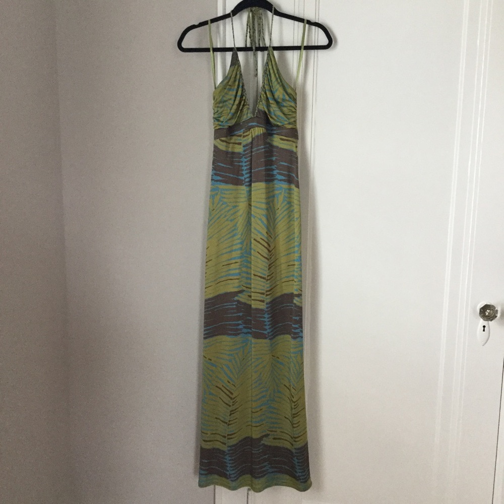 Tropical Green Blue Brown Halter Maxi Dress