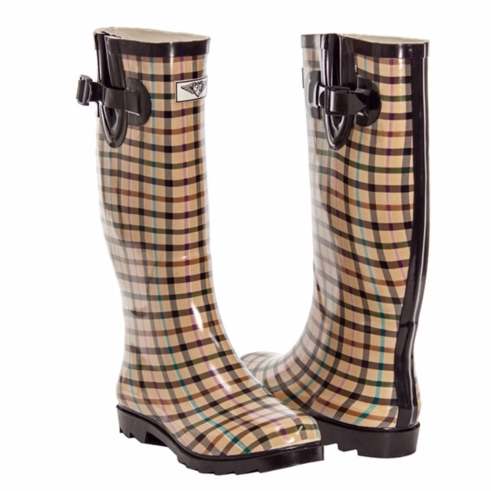 Women Lines Plaid Rubber Rain Boots, Wellies - Picture 2 of 4