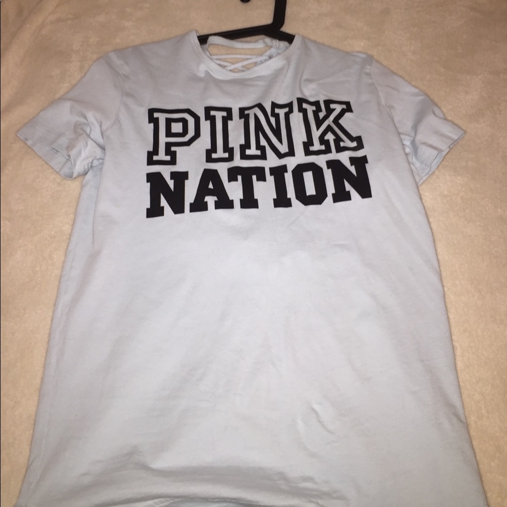 "PINK nation" baby blue shirt w/ lace string back