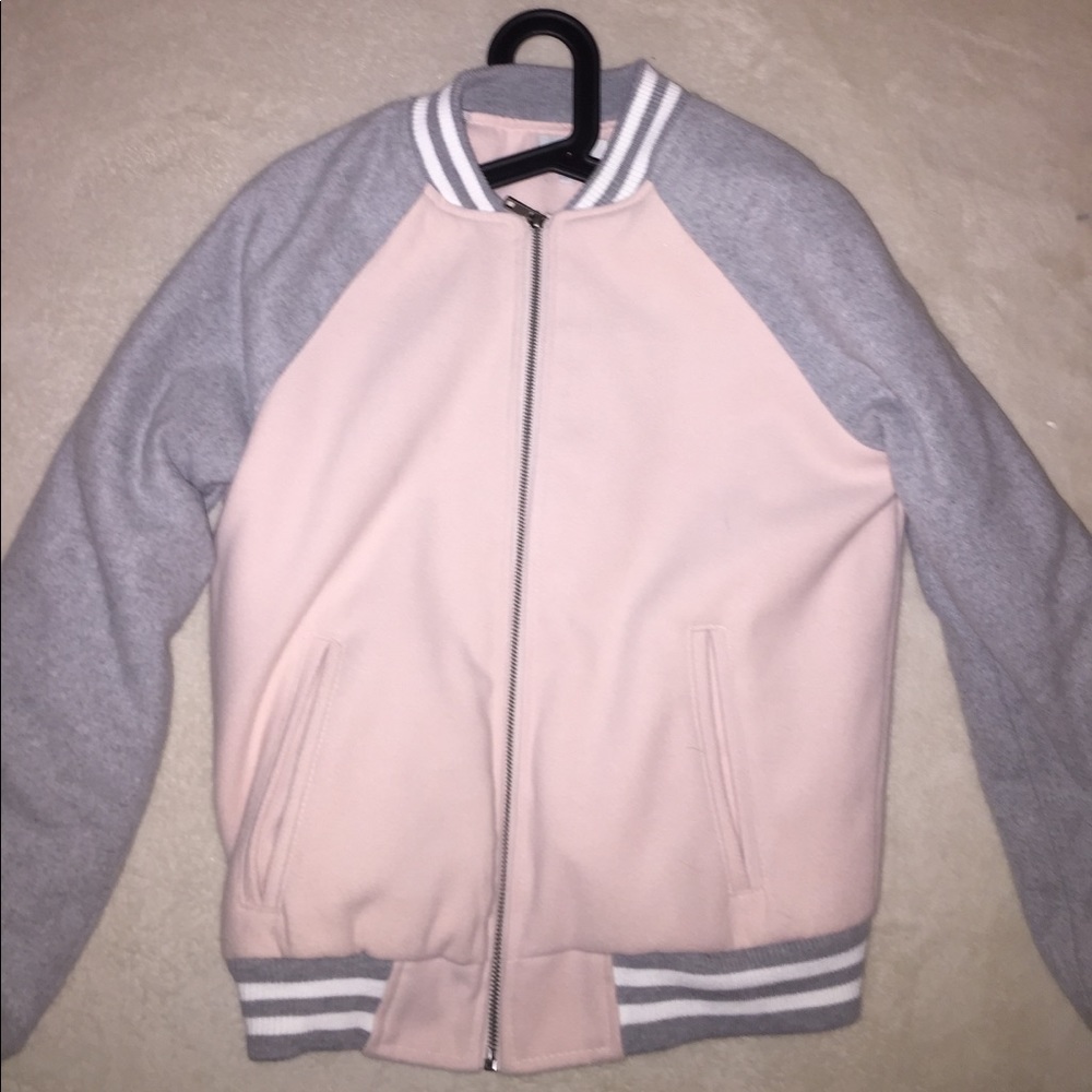 pink and grey varsity jacket