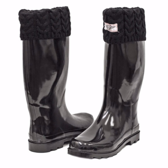 Women Black Sock Cuff Rubber Rain Boots Wellies - Picture 2 of 3
