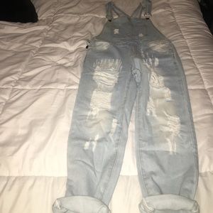 Distressed Light Wash Boyfriend Jean Overalls