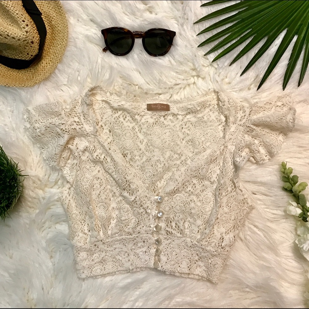 Off White Crochet Lace Button up Ruffled Crop Top