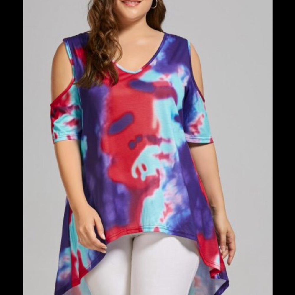 Plus Size Tie Dye Cold Shoulder High Low T-shirt
