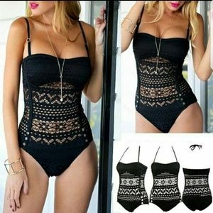 Black Crochet One Piece Swimsuit