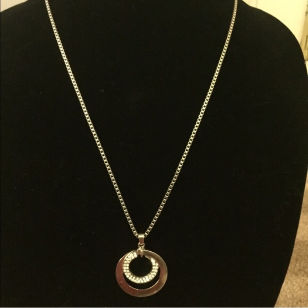 Silvertone and Rhinestone Long Pendant Necklace