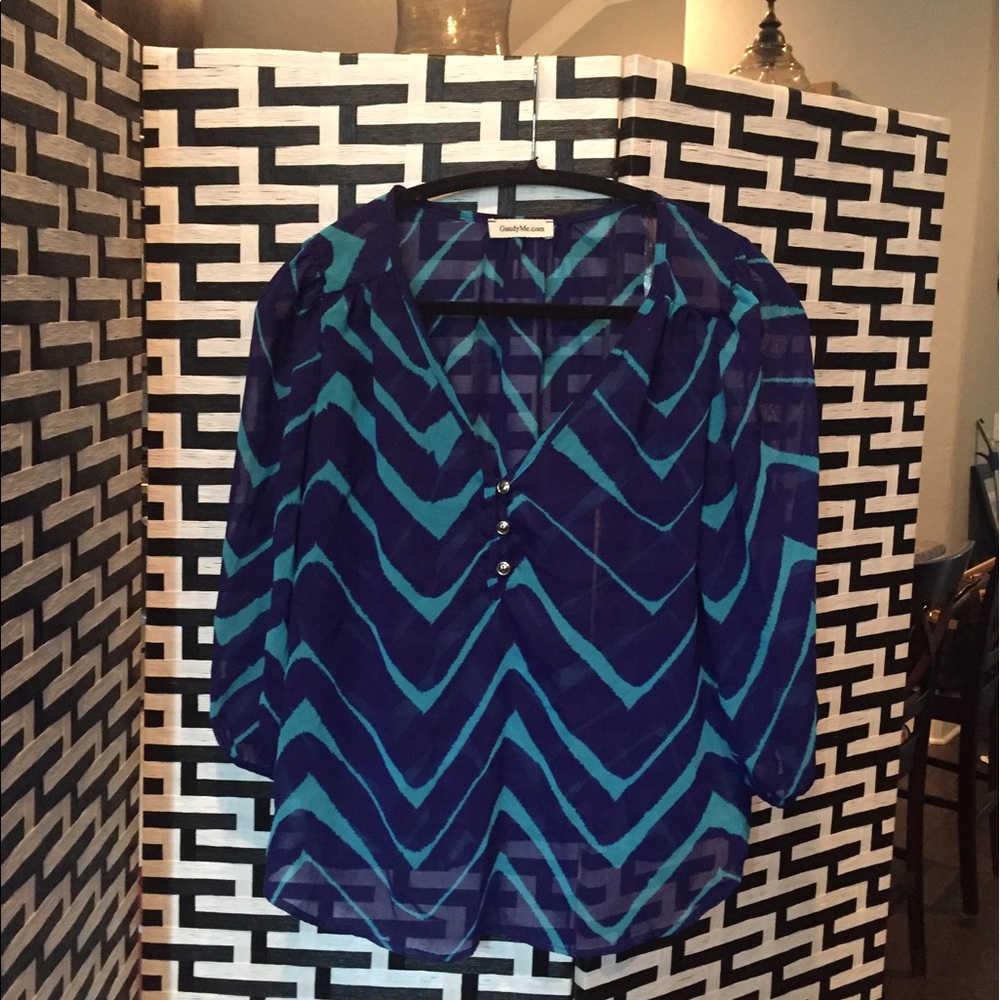 Chevron electric blue and turquoise sheer blouse