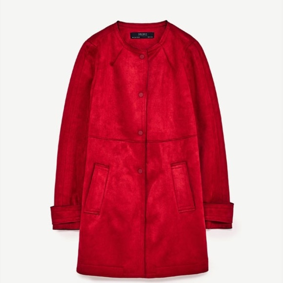 HPπZara faux suede red mid length coat - Picture 3 of 8