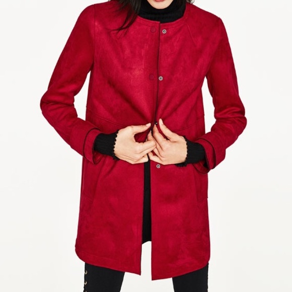 HPπZara faux suede red mid length coat - Picture 2 of 8