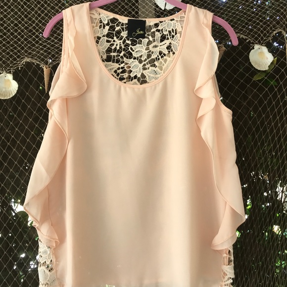 Box 2 NWOT J the Way lace back ruffle top in peach - Picture 3 of 4