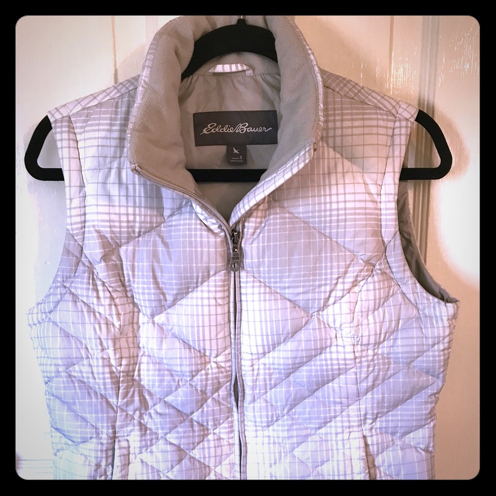 White & grey Eddie Bauer fleece-lined vest