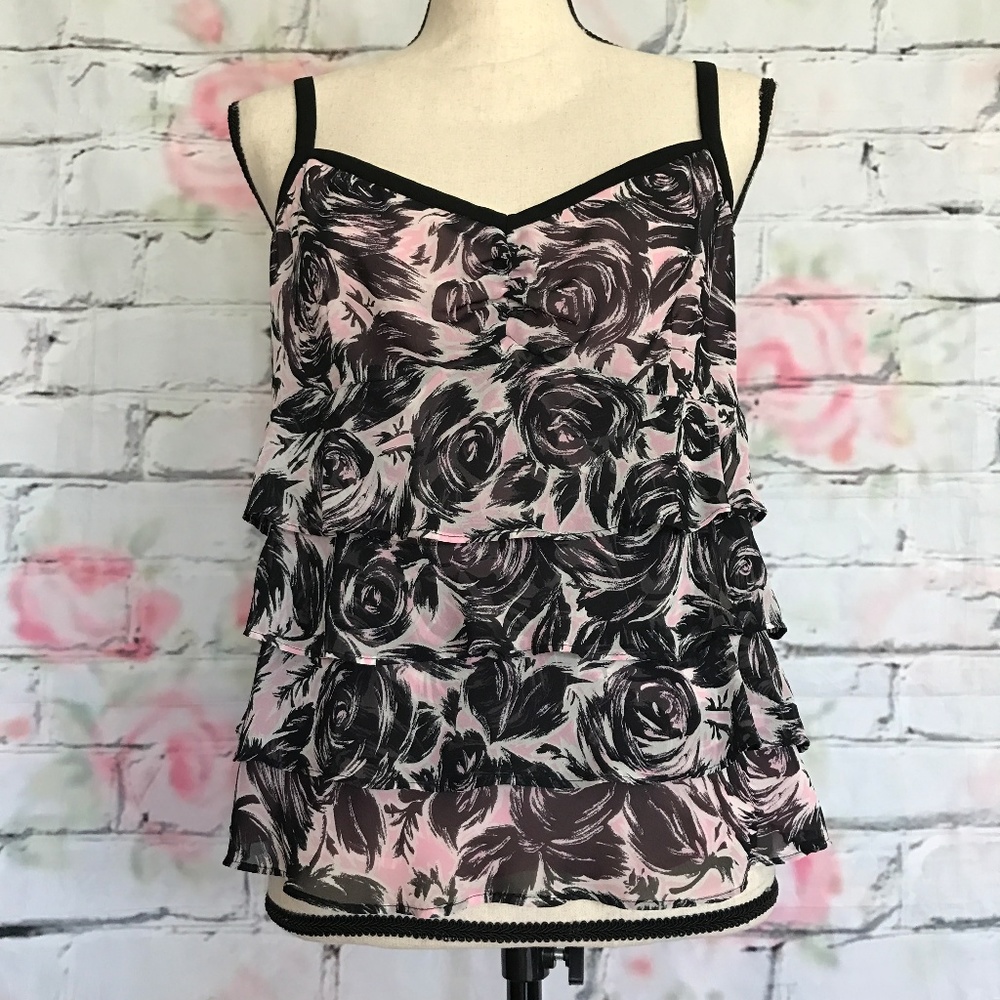 Ann Taylor LOFT Pink Black Floral Tank Top Size 10