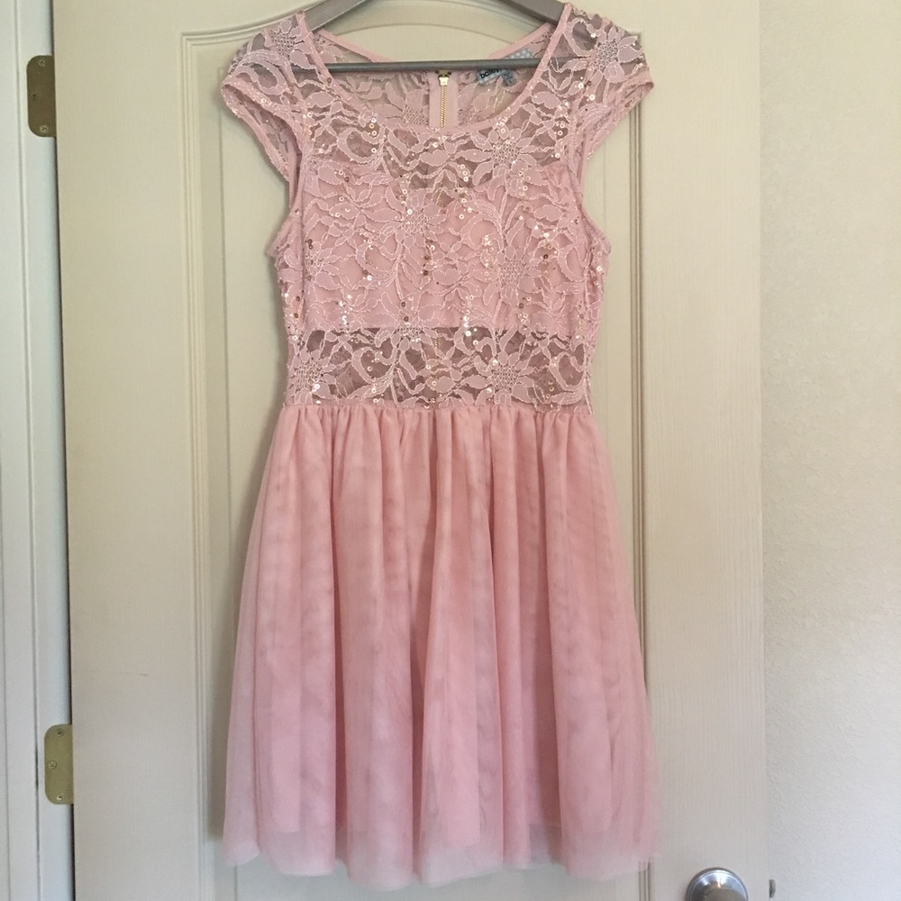 Blush and rose gold sequin party dress