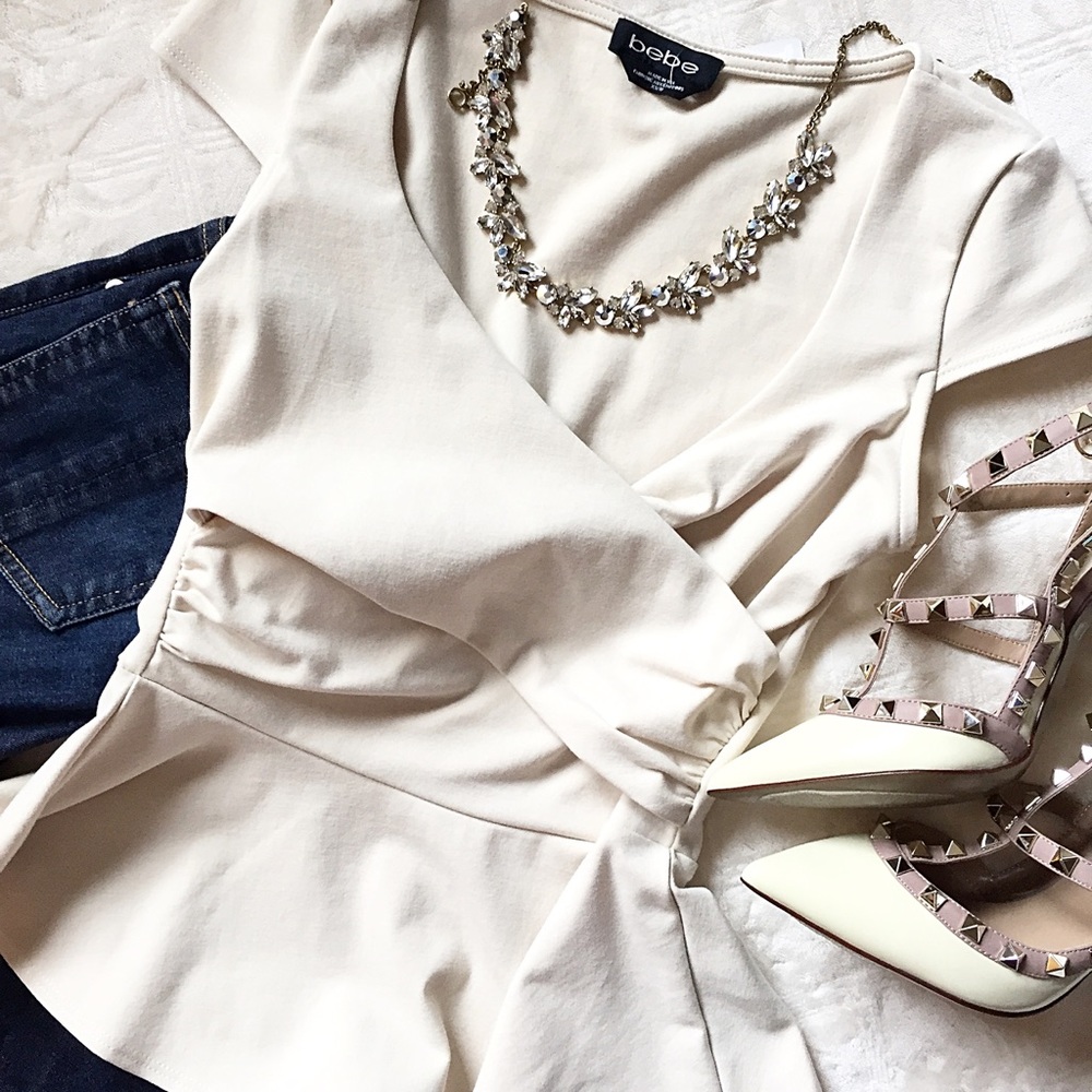 Bebe Cream Peplum Top with Wrap Front Detail