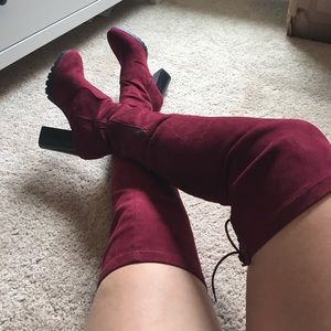 Red faux suede thigh high boots