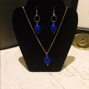 royal blue necklace and earrings.