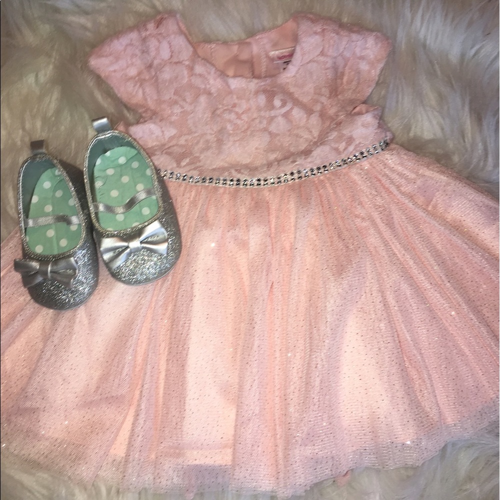 Baby clothes, pink sparkly dress and shoes