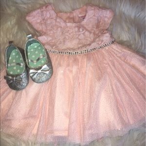 Baby clothes, pink sparkly dress and shoes