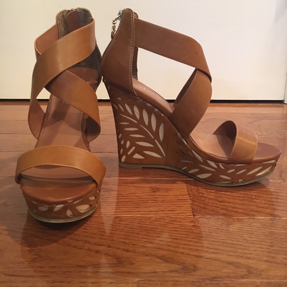 Unique tan leather wedges