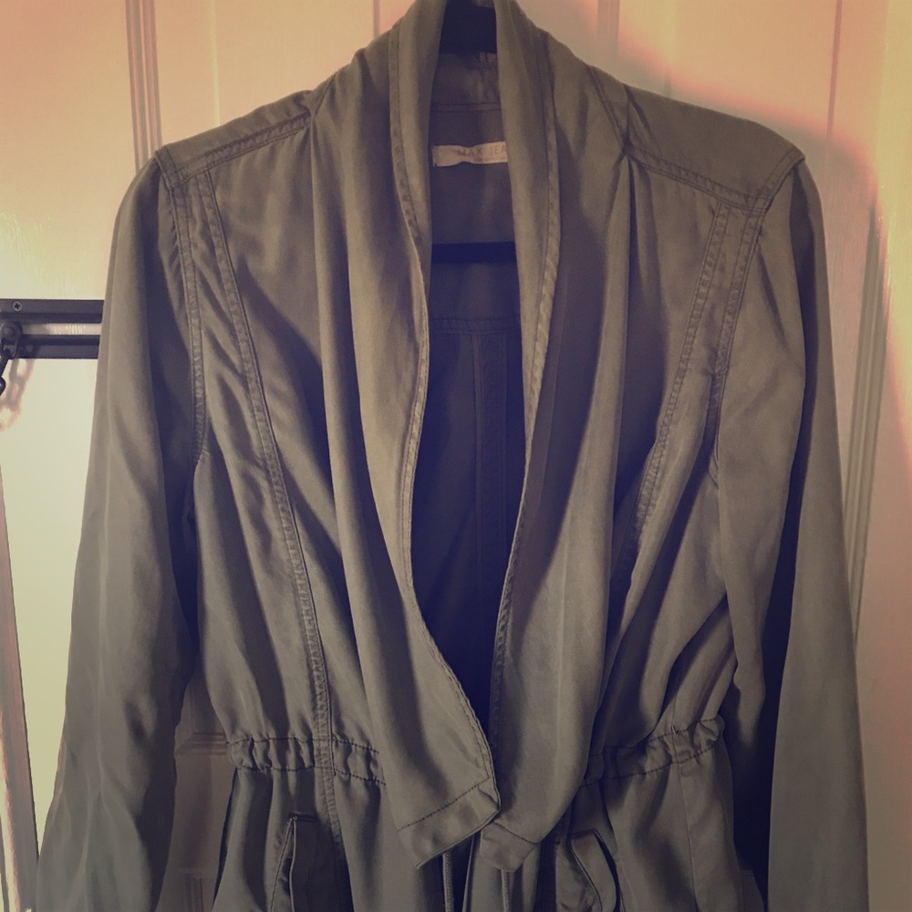 Olive green waist length trench coat
